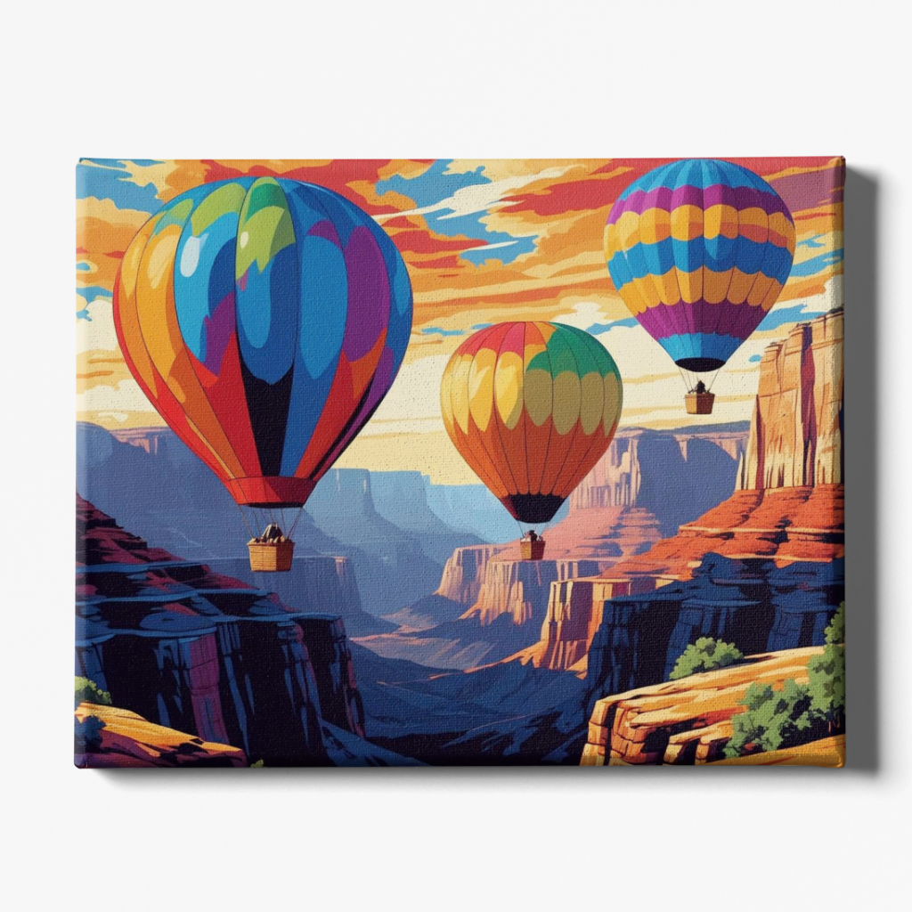 Colorful hot air balloons over a canyon landscape