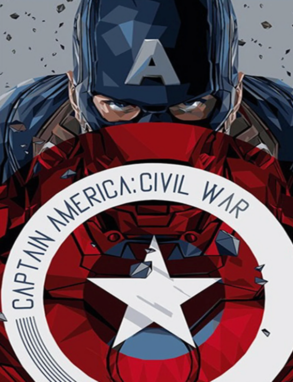 Illustration of Captain America holding a shield with 'Captain America: Civil War' text on a gray background.
