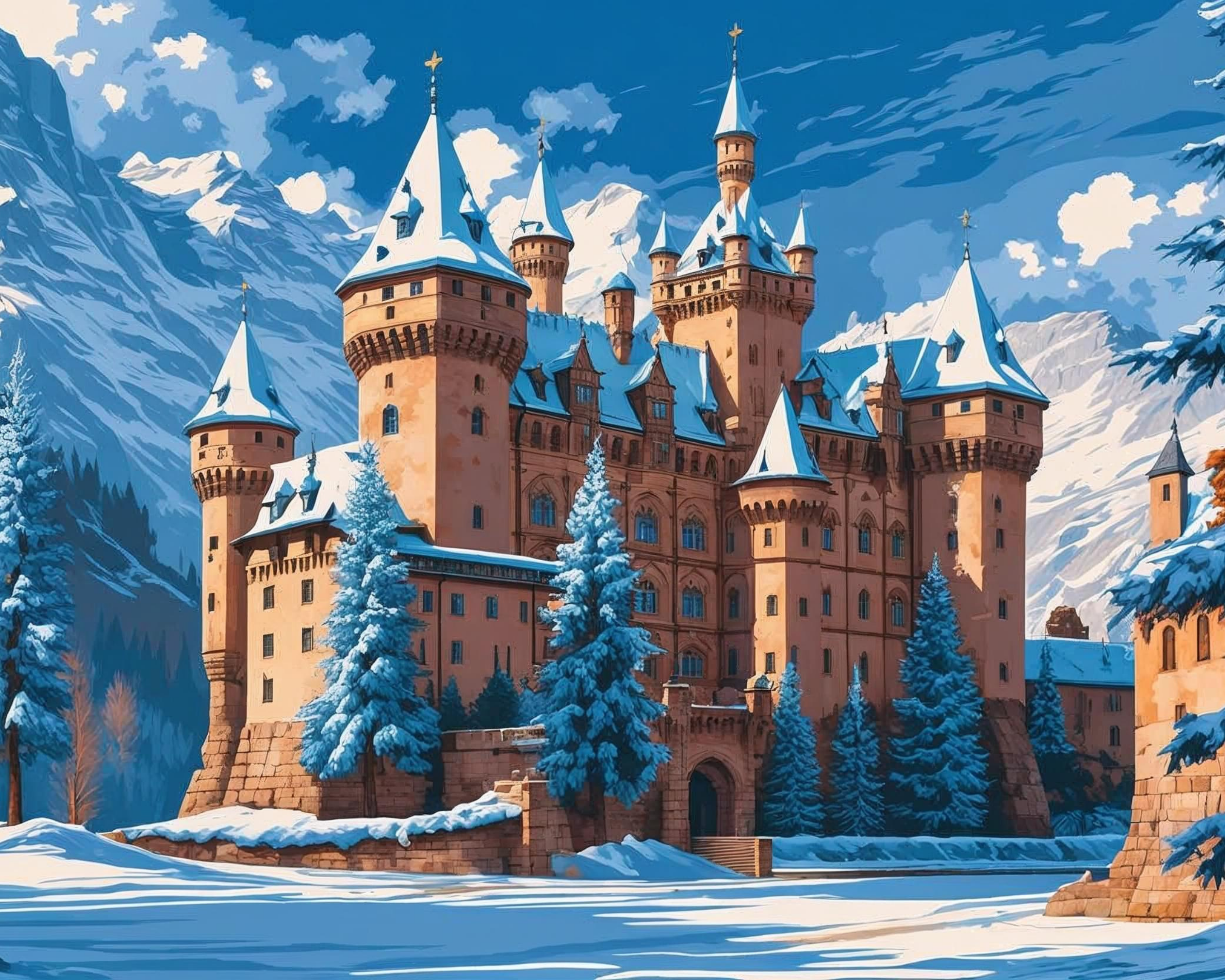 Fantasy castle in a snowy landscape with mountains and trees.
