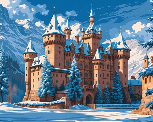 Fantasy castle in a snowy landscape with mountains and trees.
