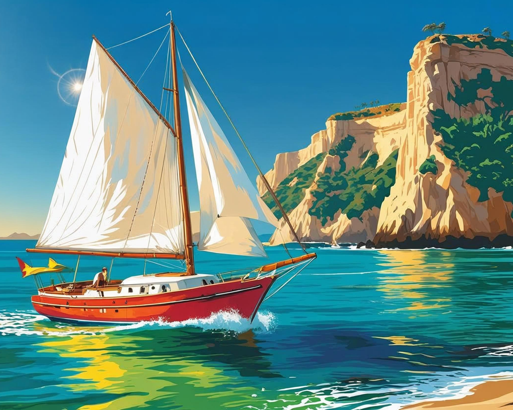 Sailing boat with white sails near cliffs on a blue sea