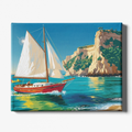Sailboat painting with cliffs and clear blue sky