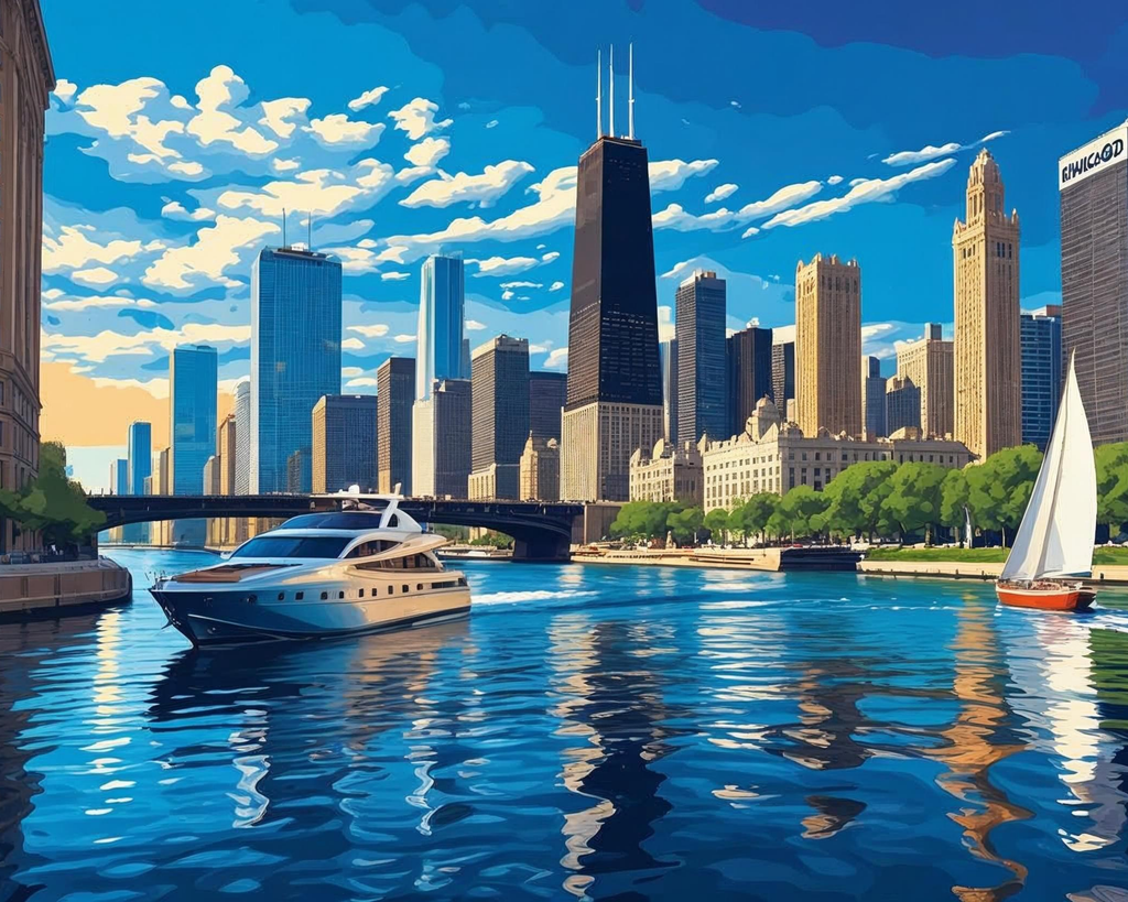 City skyline with modern and classical architecture, boats on the water, and a clear blue sky.