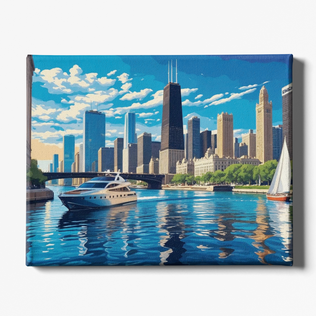 City skyline with boats on a body of water