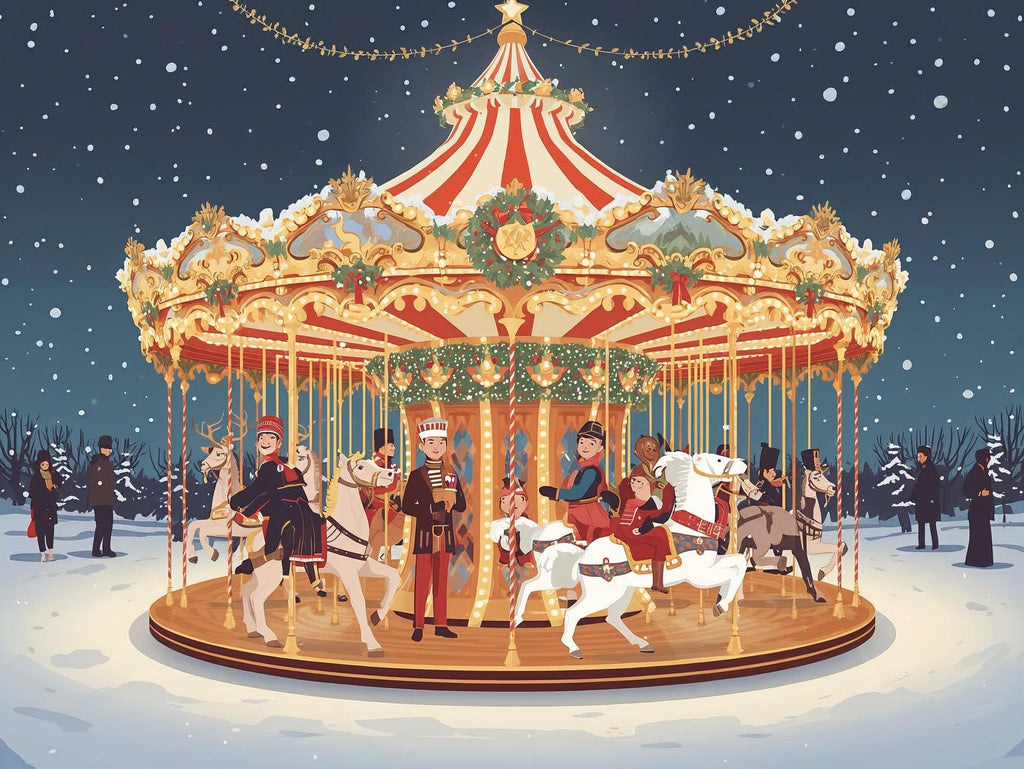 Decorative carousel with festive decorations in a snowy landscape
