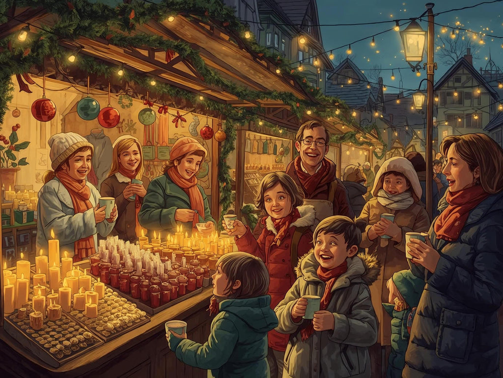 People at a Christmas market with stalls and lights