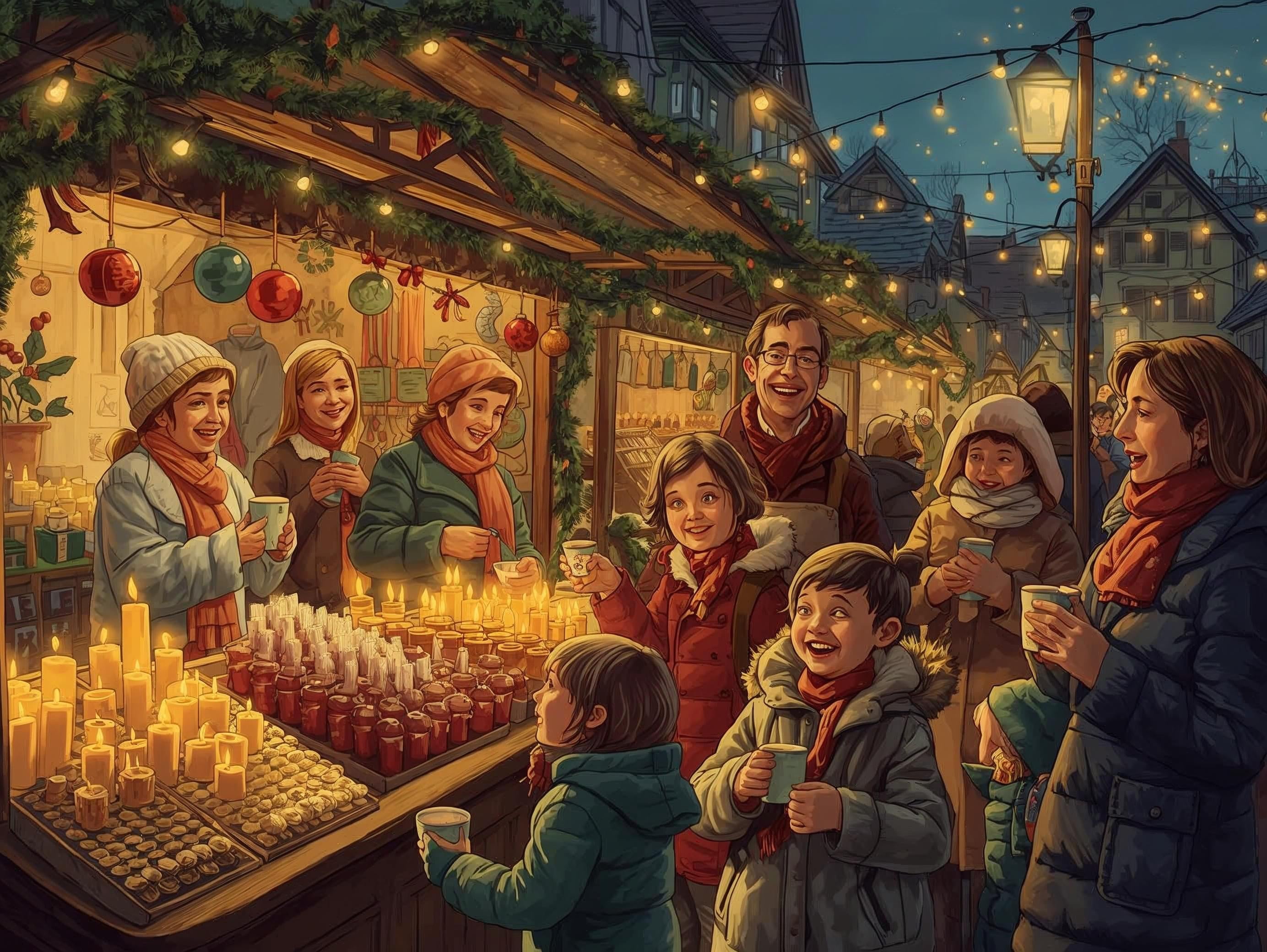 People at a Christmas market with stalls and lights