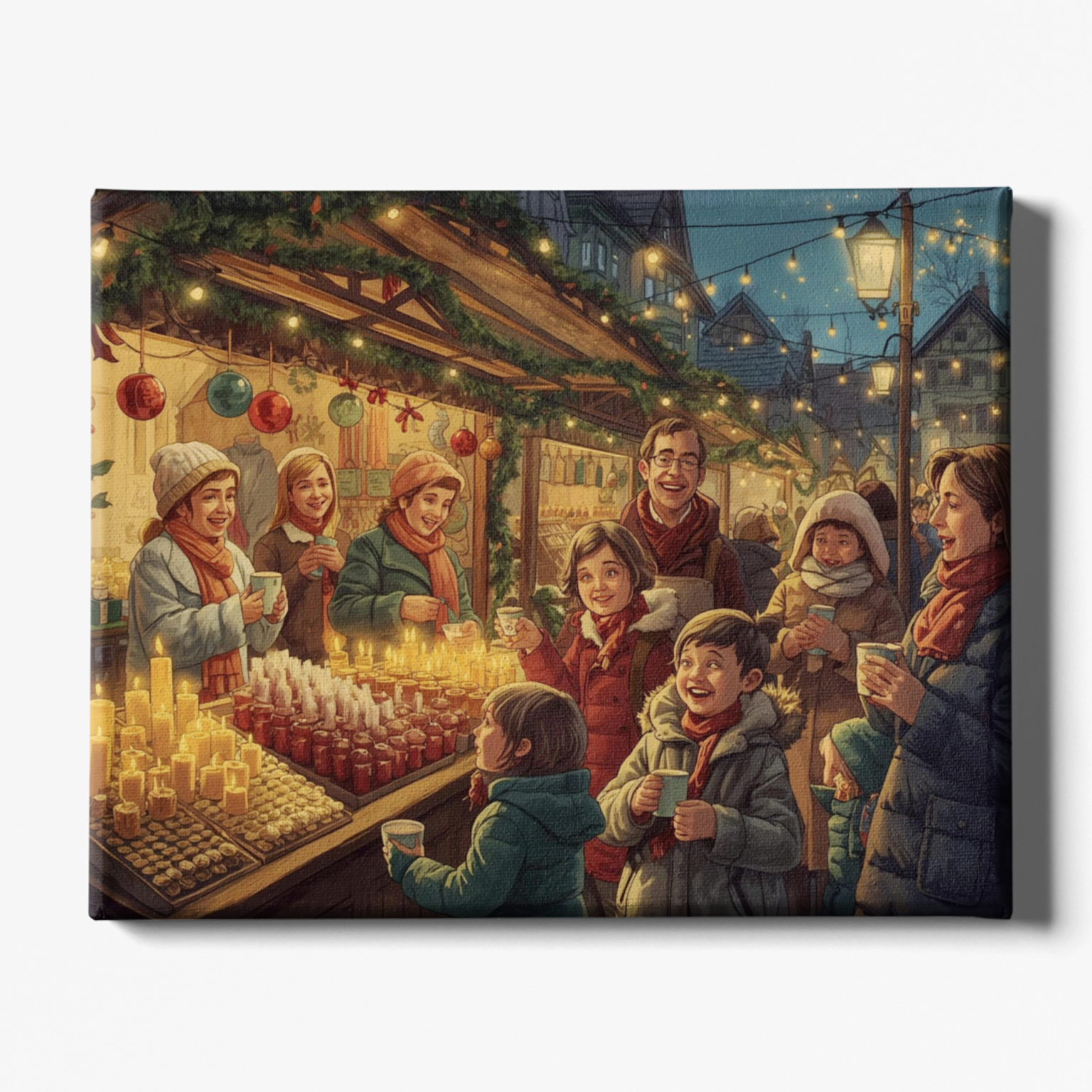 People at a Christmas market with warm lighting and festive decorations.