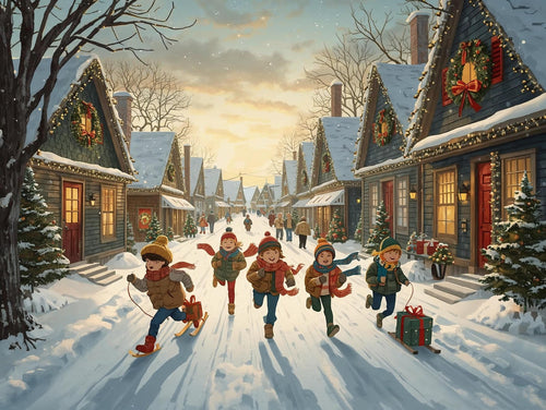 Children playing in a snowy village street with decorated houses during Christmas.