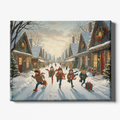 Winter scene with children skating on a frozen pond in a village setting.
