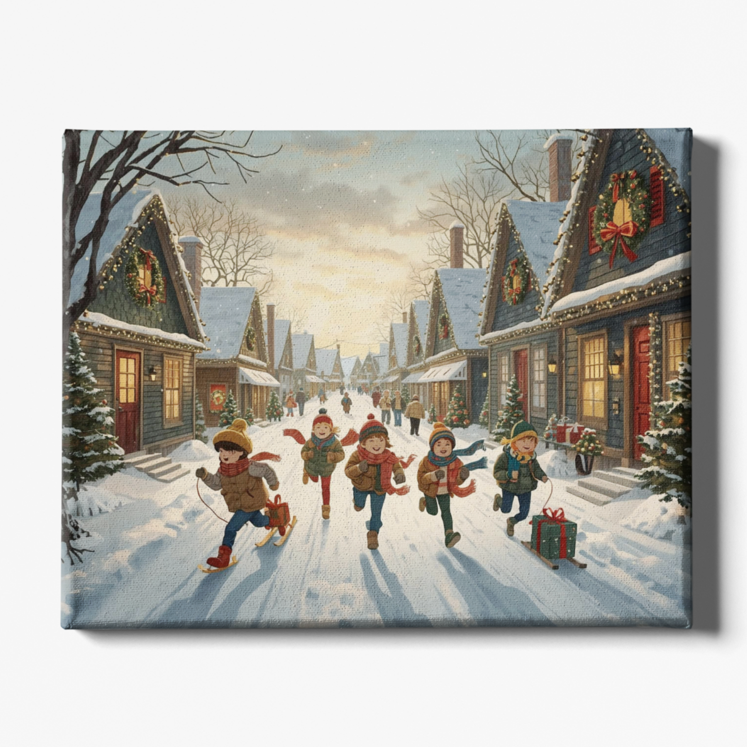 Winter scene with children skating on a frozen pond in a village setting.