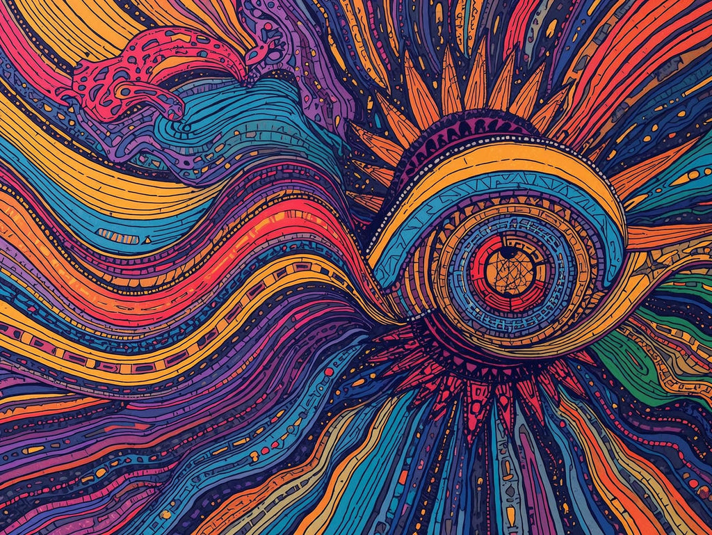 Colorful abstract design with wavy patterns and a central sun-like shape.