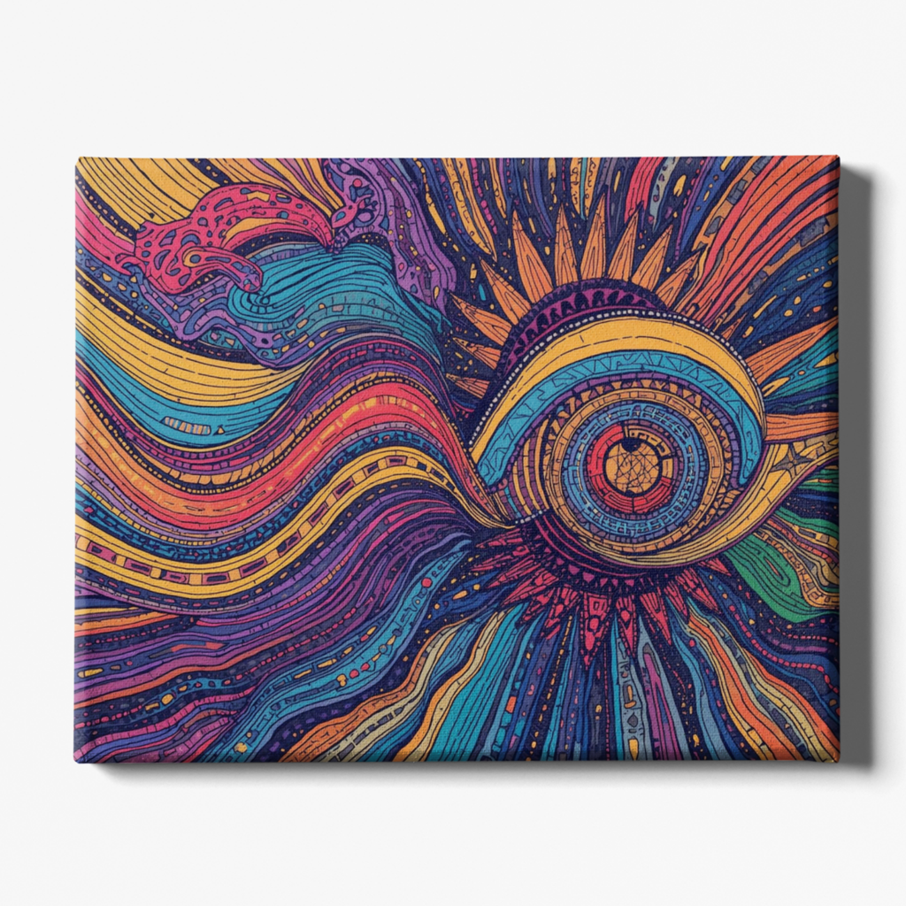 Colorful abstract design on a canvas with wavy patterns and circular elements.