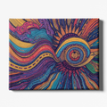 Colorful abstract design on a canvas with wavy patterns and circular elements.