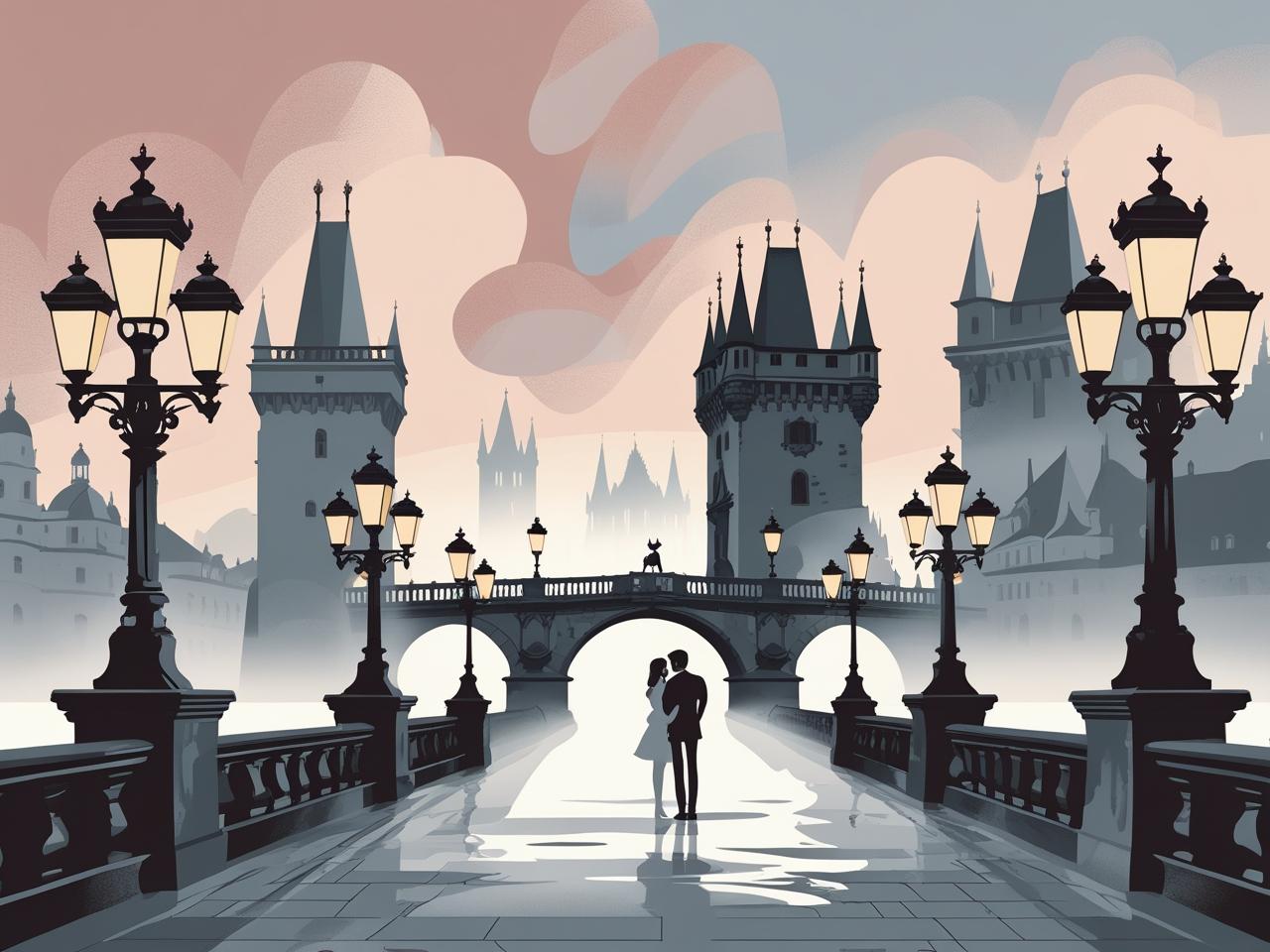 Illustration of a couple walking on a bridge with gothic architecture and street lamps.