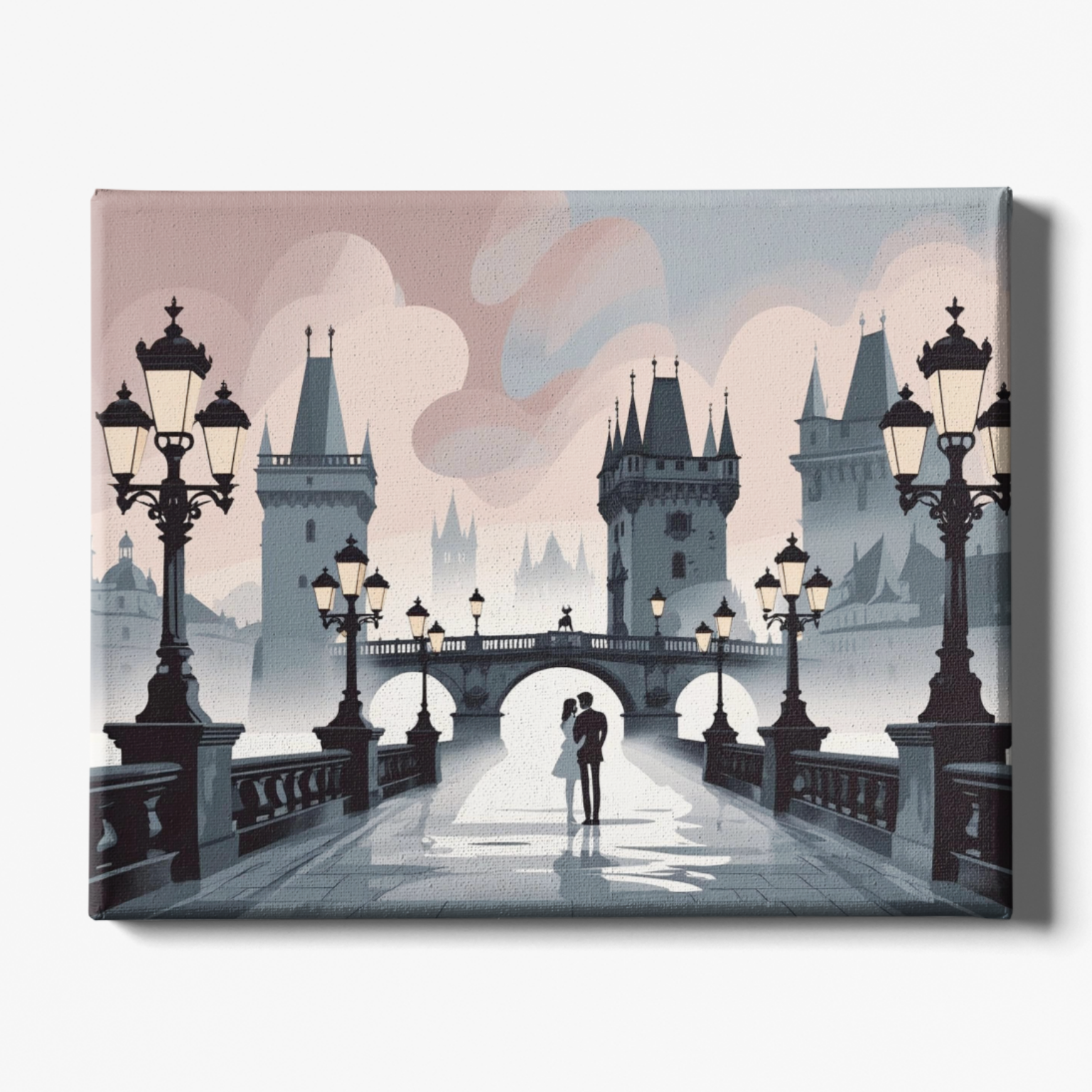 Canvas print of a romantic scene with a couple on a bridge, lit by street lamps against a cityscape.