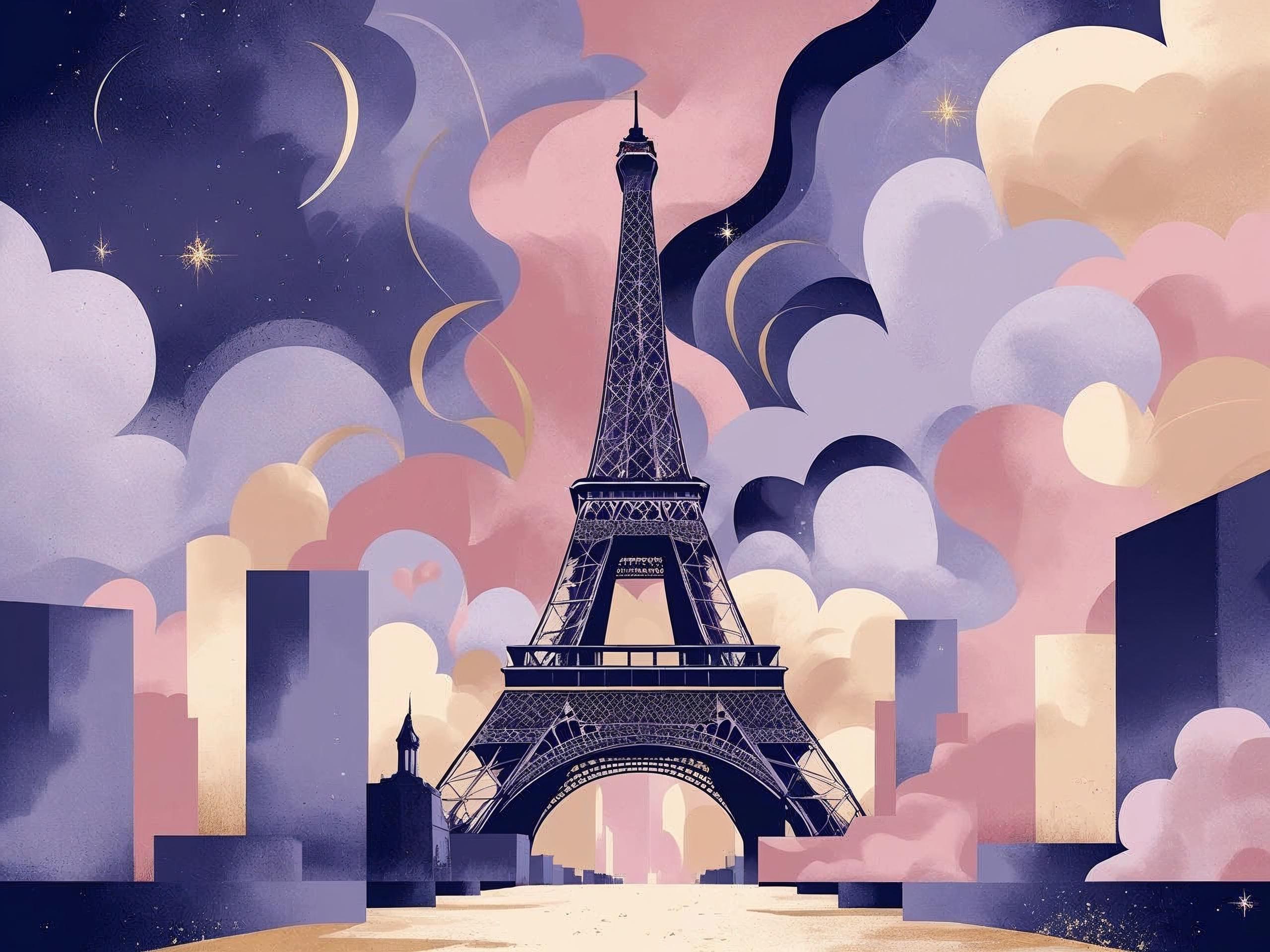 Illustration of the Eiffel Tower with a stylized cityscape and clouds in the background.