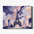 Canvas print of the Eiffel Tower with a stylized cityscape and clouds in pastel colors.