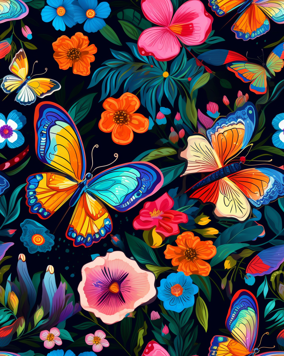 Colorful butterflies and flowers on a dark background