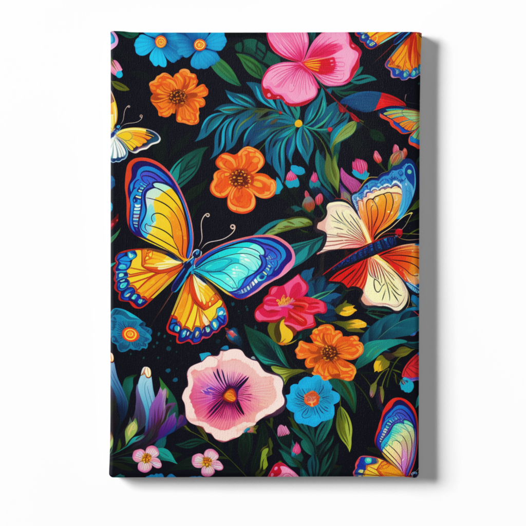 Canvas print with colorful butterflies and flowers on a black background
