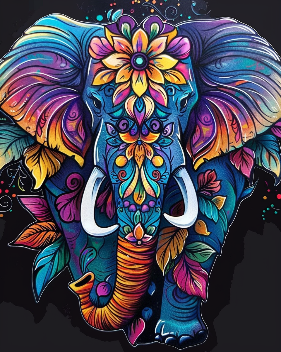 Colorful elephant illustration with floral patterns on a dark background