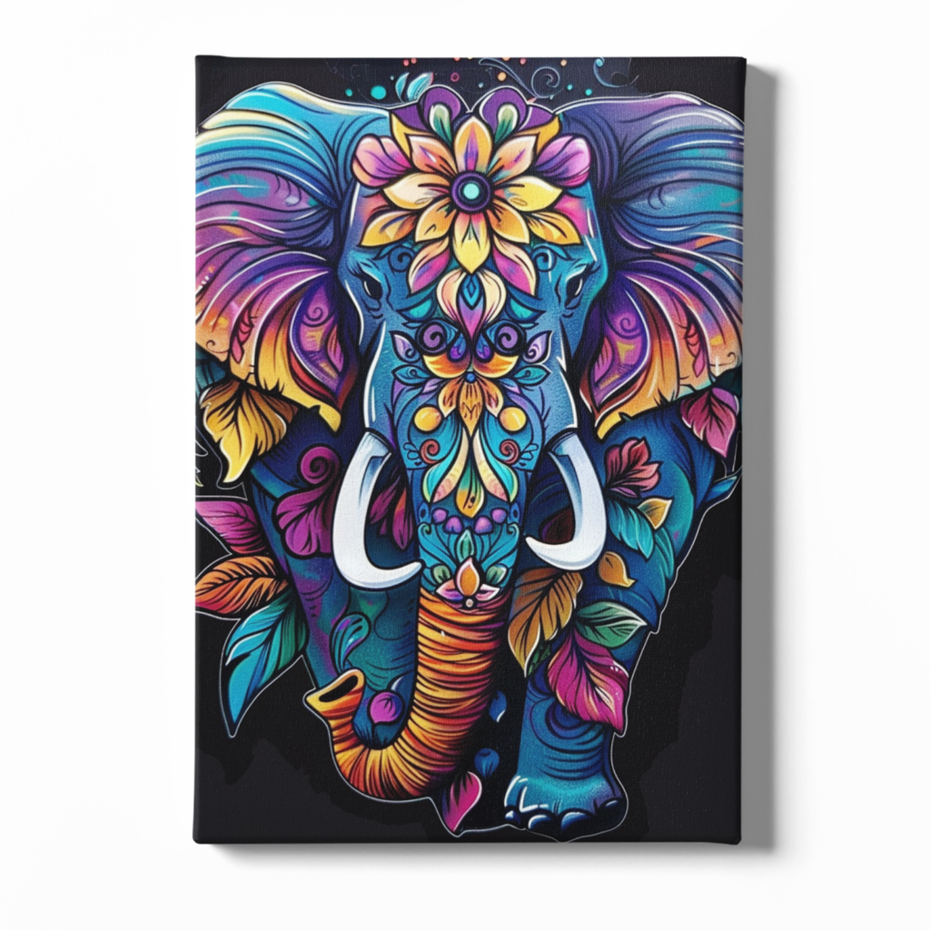 Colorful elephant design on a black background