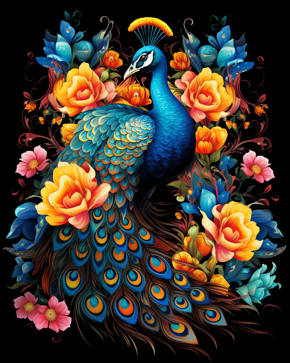 Colorful peacock surrounded by flowers on a black background