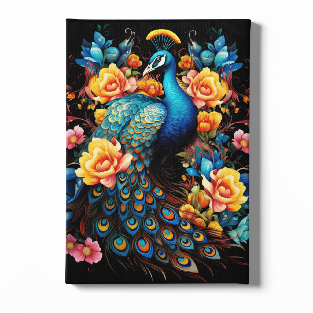 Canvas print of a colorful peacock surrounded by flowers on a black background