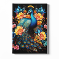 Canvas print of a colorful peacock surrounded by flowers on a black background
