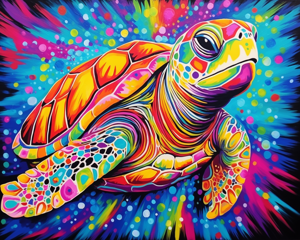 Colorful turtle illustration on a multicolored abstract background