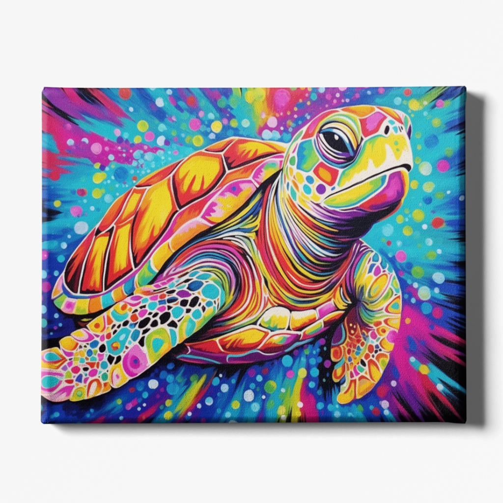 Colorful turtle painting on a canvas with a vibrant, abstract background.