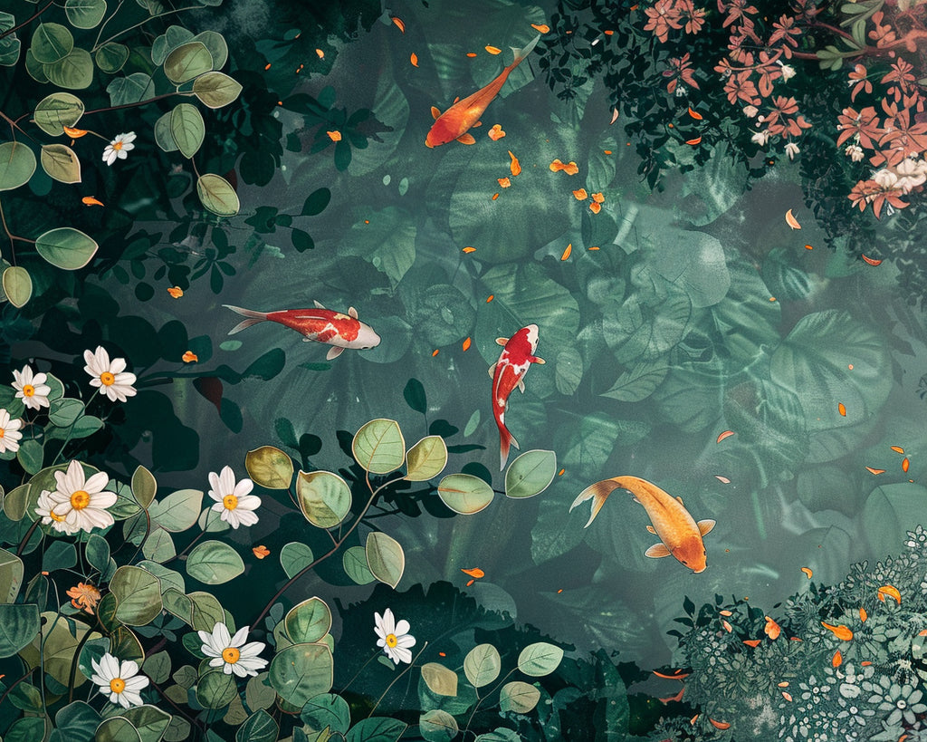 Artistic depiction of koi fish swimming among green leaves and flowers