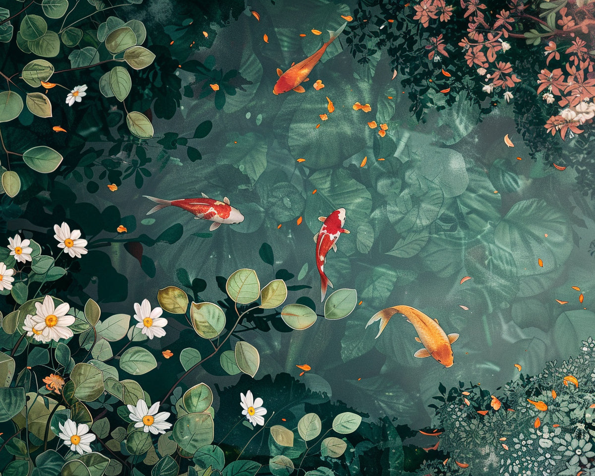 Artistic depiction of koi fish swimming among green leaves and flowers
