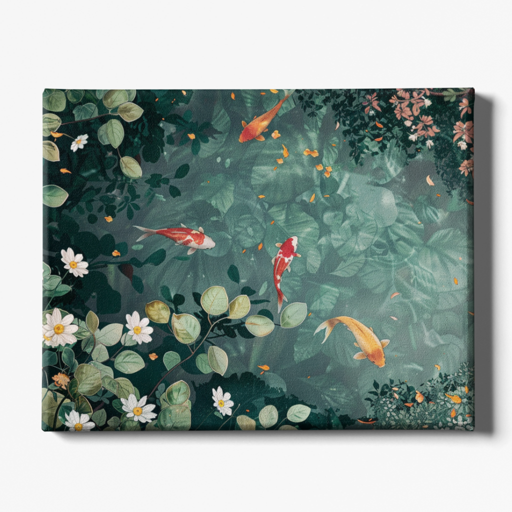 Canvas print with koi fish and floral design on a dark green background