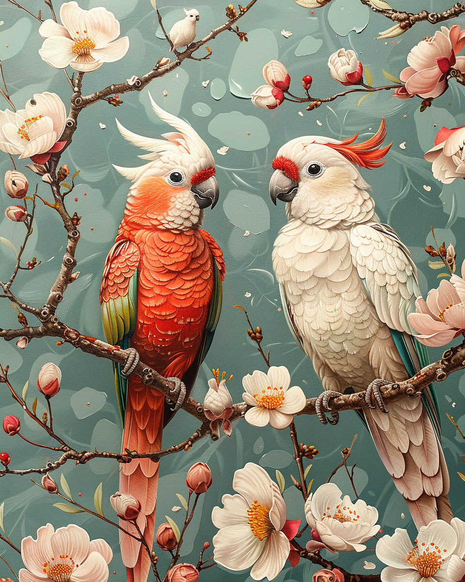 Two parrots on a branch with flowers and leaves in the background