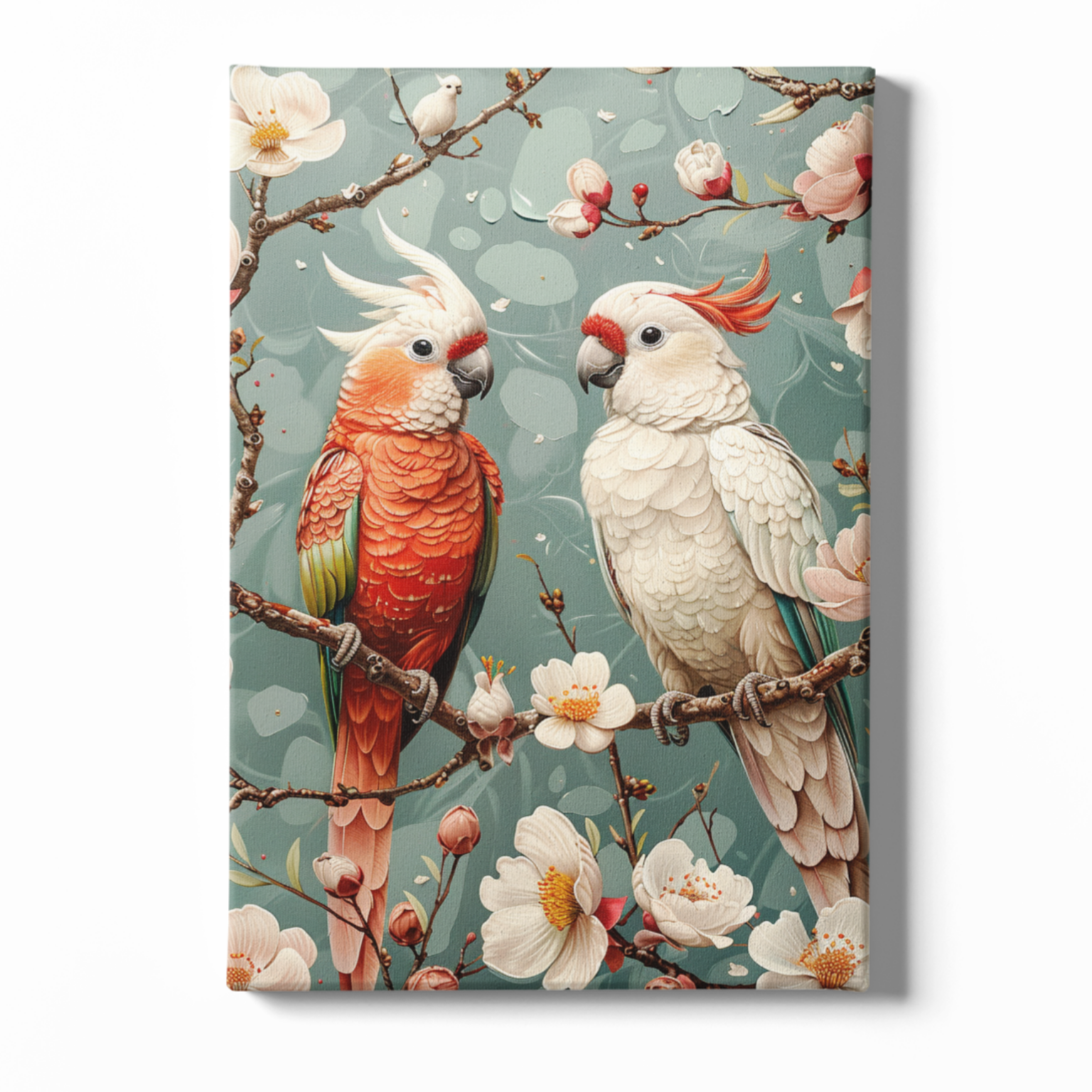 Canvas print with two parrots on a branch surrounded by flowers and branches.