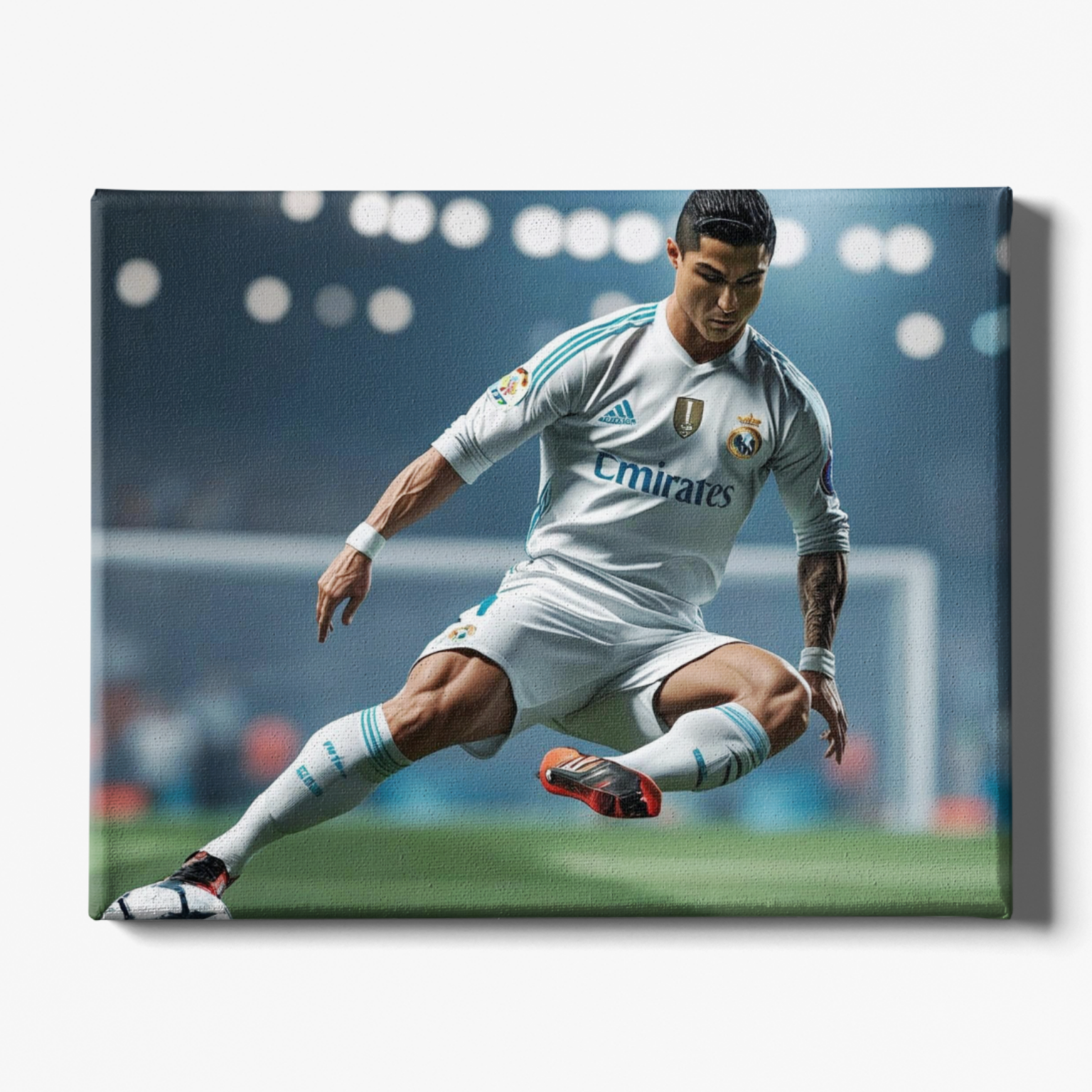 Soccer player in action wearing a white jersey with visible branding on a sports setting.