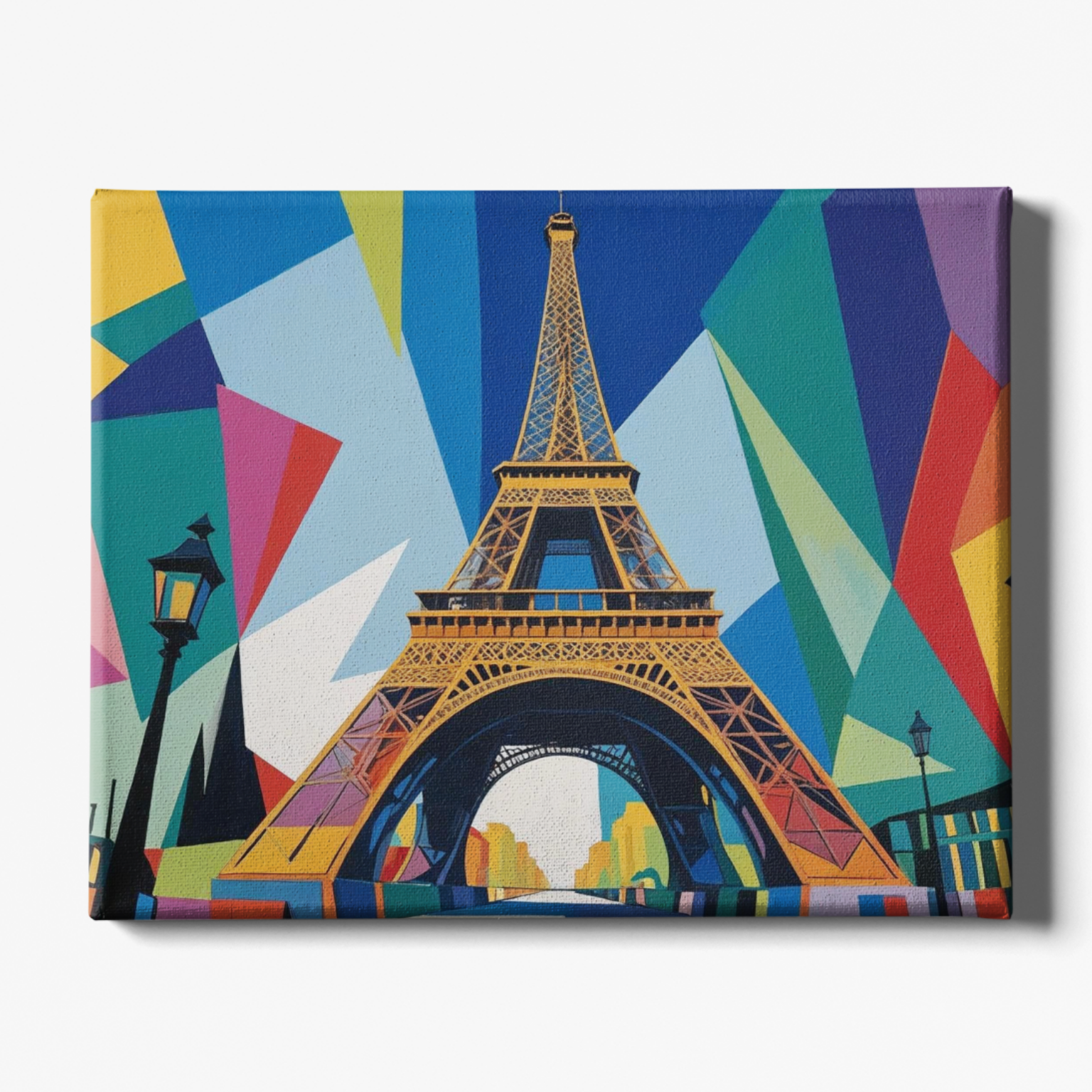 Colorful depiction of the Eiffel Tower on a geometric abstract background
