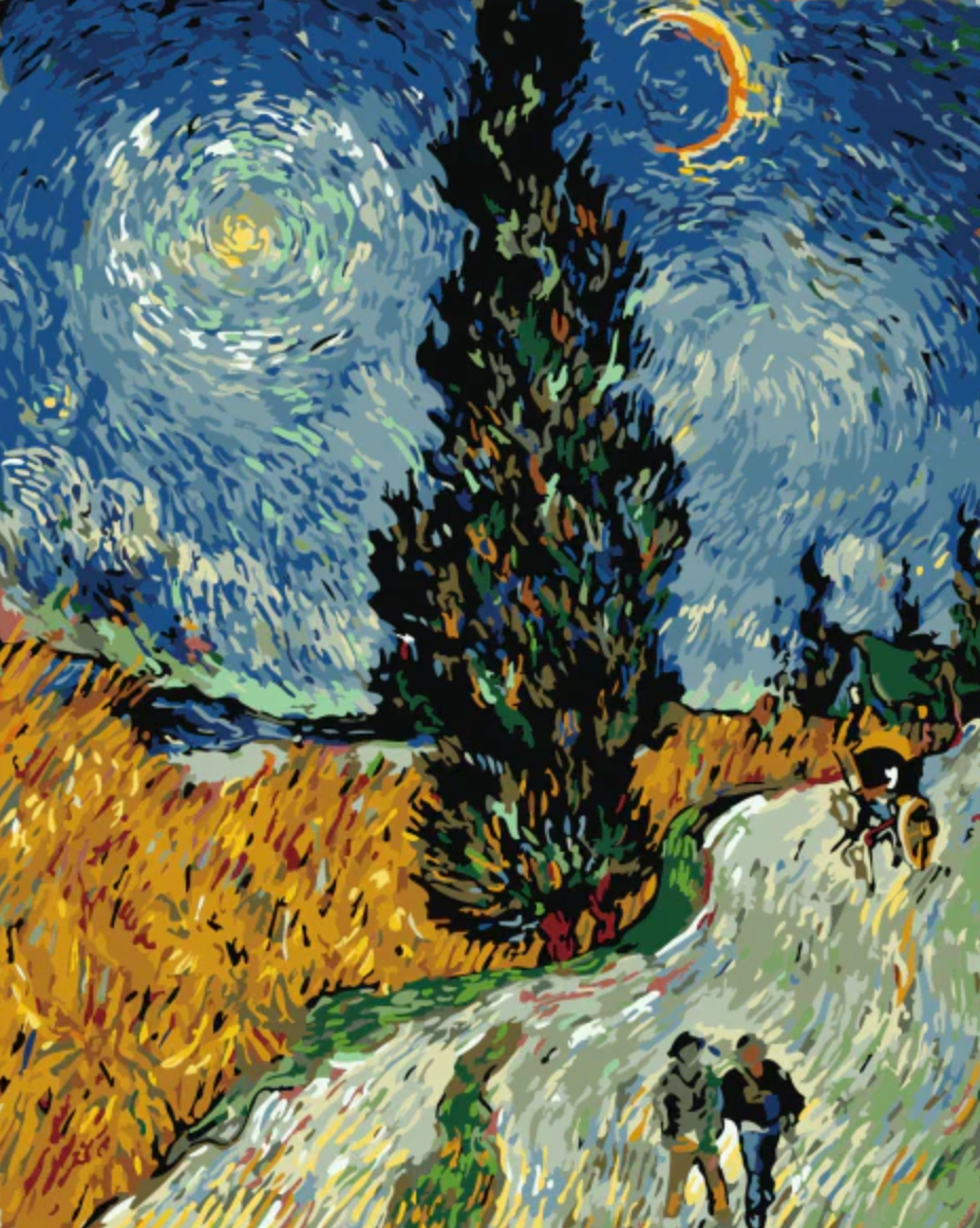 Painting of a night scene with a cypress tree and two figures under a starry sky by Vincent van Gogh.