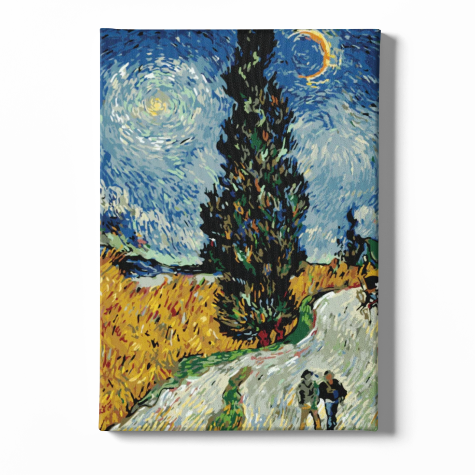 Starry Night with cypress tree painting on a white background