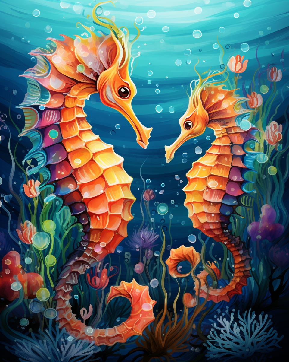 Two colorful seahorses in an underwater scene with flowers and bubbles.