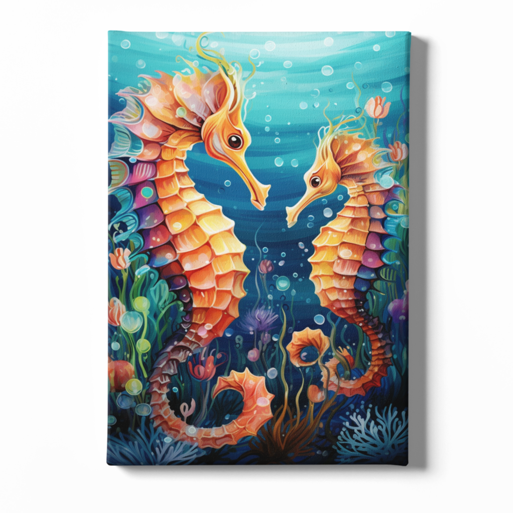 Colorful painting of two seahorses in an underwater scene with coral and plants.