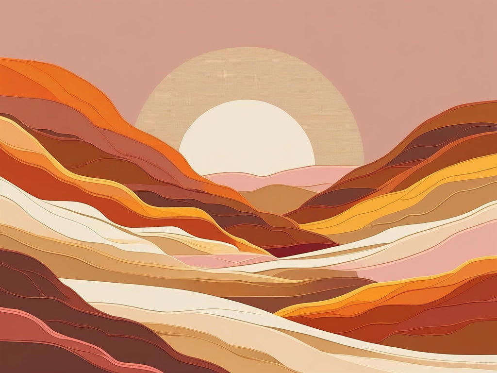 Colorful landscape with wavy patterns and a large sun in the sky