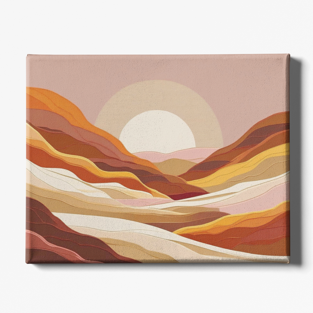 Canvas print of a stylized landscape with a sun and wavy lines on a beige background