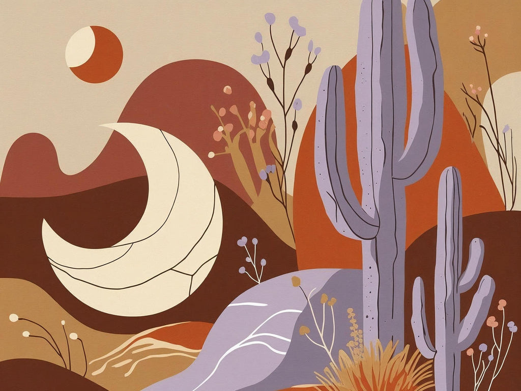 Desert landscape with cacti, plants, and a moon on a beige background