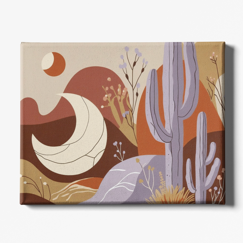 Canvas print with desert landscape design featuring cacti and moon.