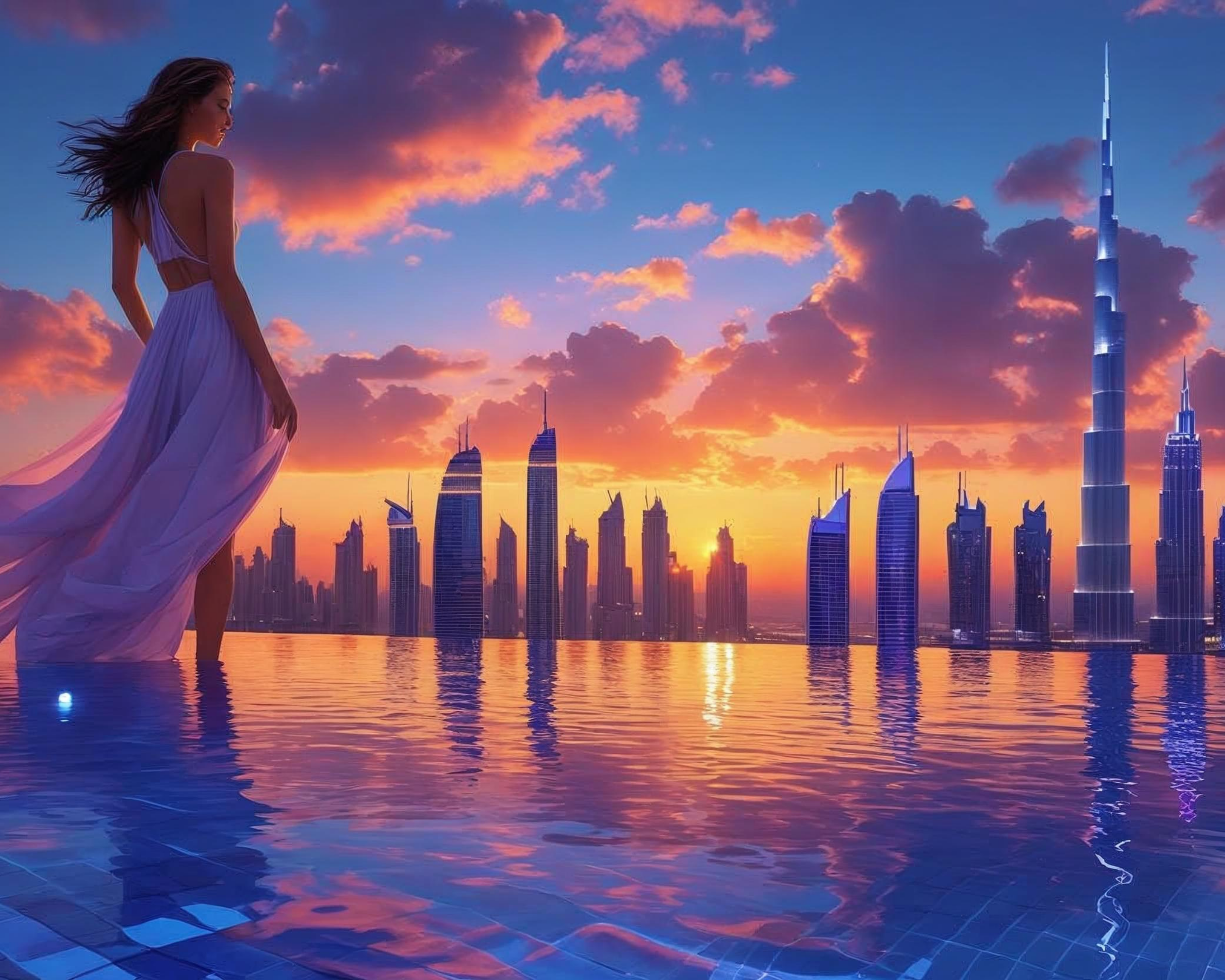 Woman in a white dress standing by a pool with a city skyline and sunset in the background