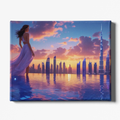 Woman in a white dress standing by water with a city skyline and sunset in the background