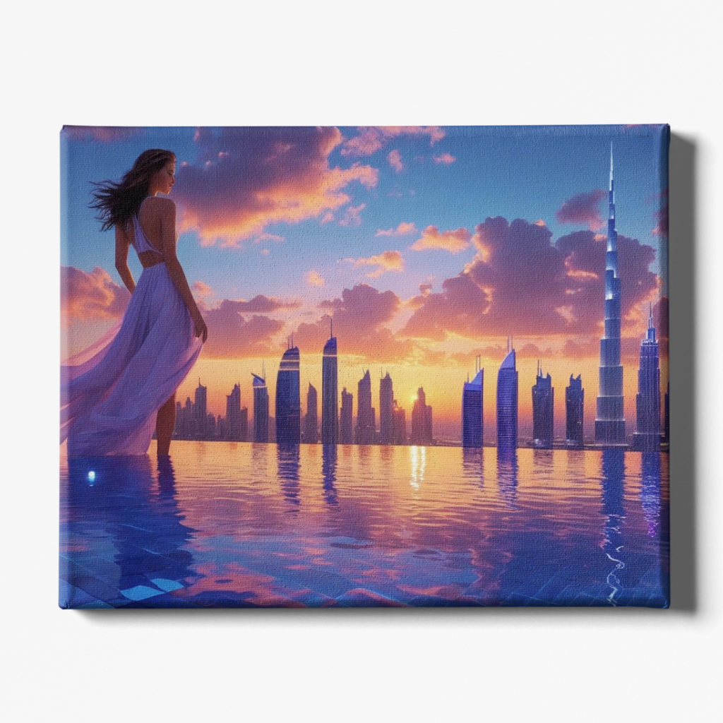 Woman in a white dress standing by water with a city skyline and sunset in the background