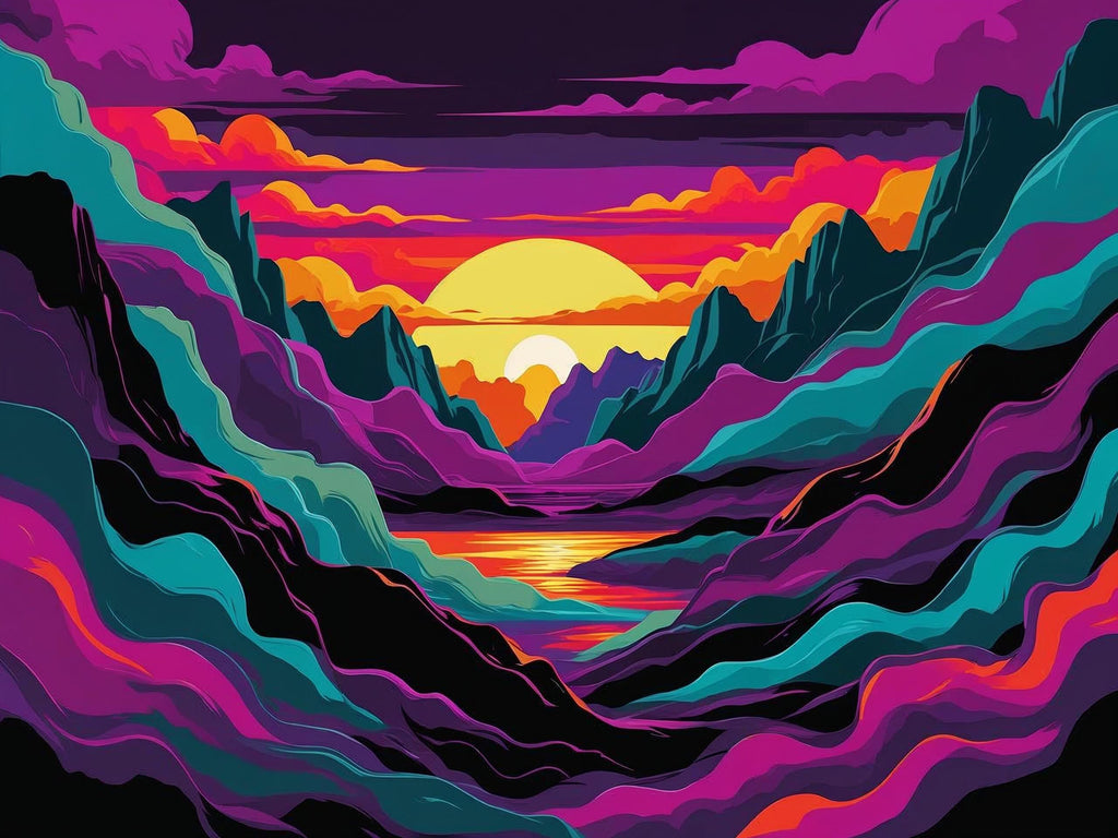 Colorful mountain landscape with a sunset in the background